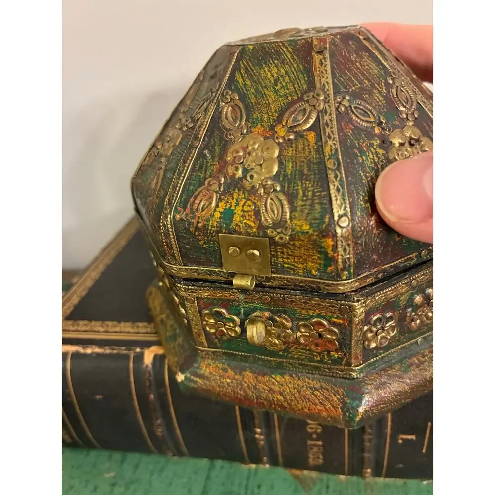 Vintage Hand Painted Octagonal Trinket Box - Embossed Brass Floral Jewelry Box